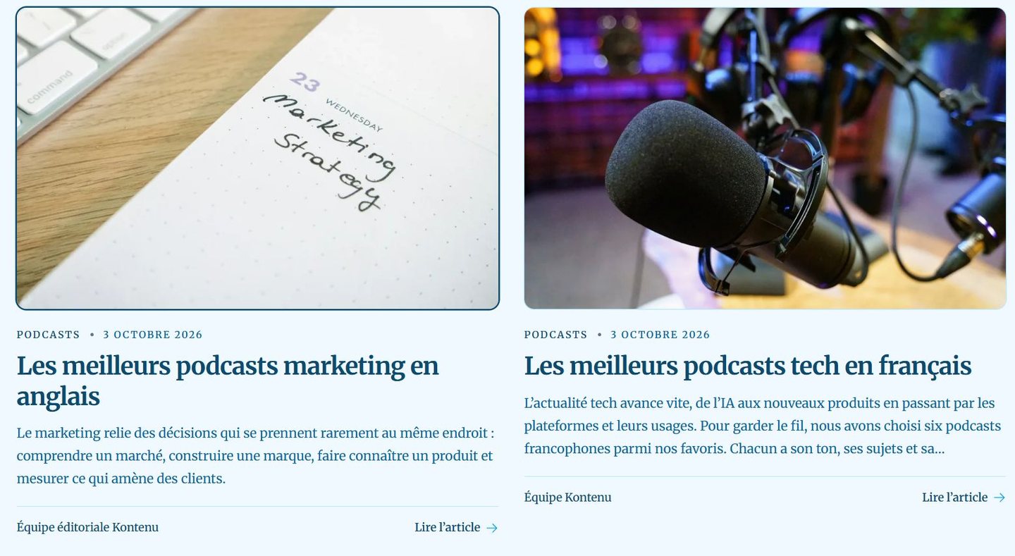 Liste des articles Kontenu présentant des sélections de podcasts