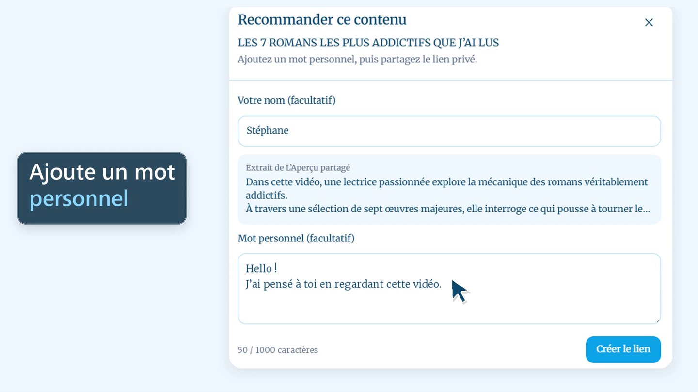 Adding a personal message to a Kontenu recommendation; French interface