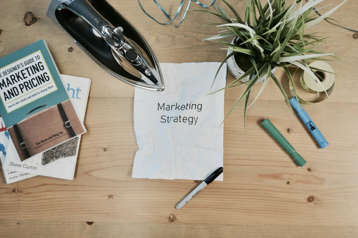 Workspace with a marketing strategy document