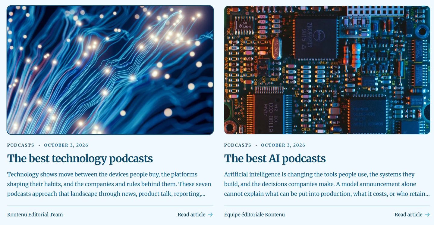 Kontenu articles listing with podcast selections